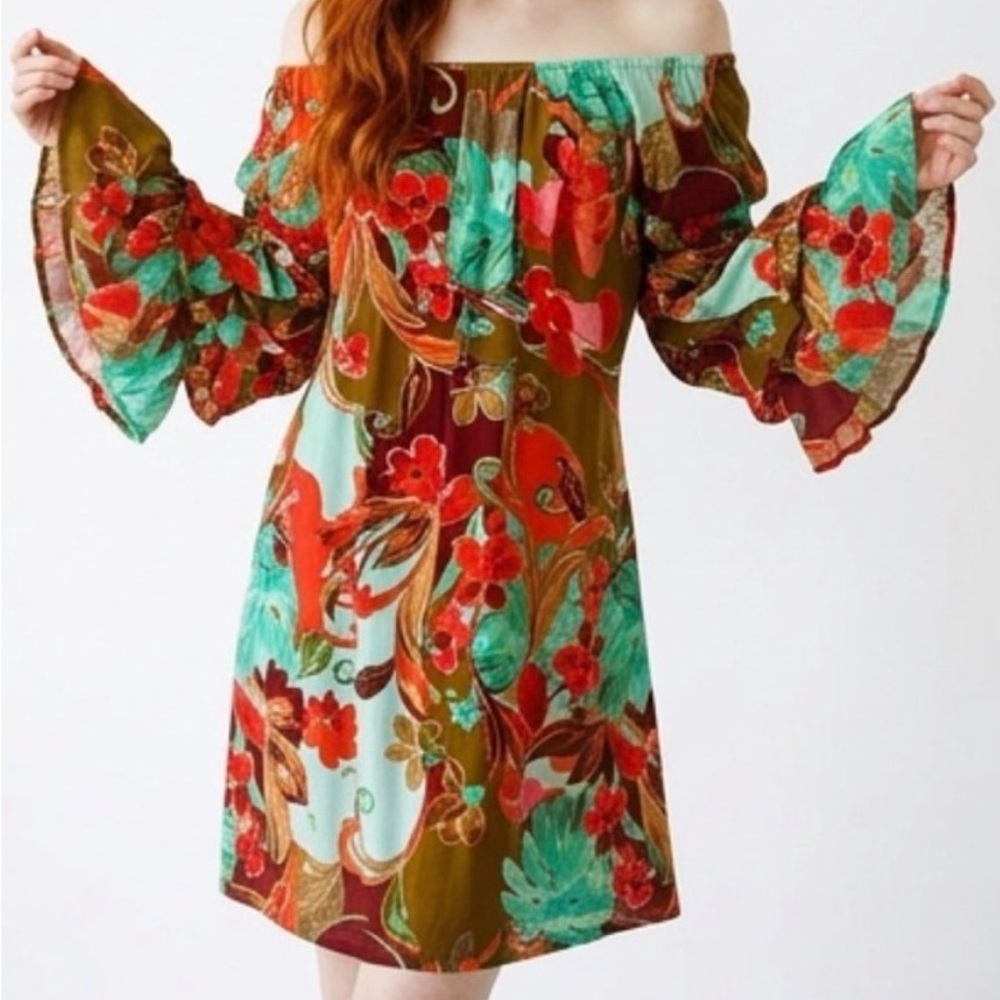 MSK On or Off-Shoulder multi colored Bell-Sleeve Dress in size 1X, NWT